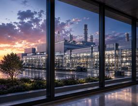 Vista ampla de uma instalação industrial moderna ao entardecer, com arquitetura contemporânea, iluminação técnica e áreas produtivas visíveis através de grandes fachadas envidraçadas. A imagem comunica capacidade tecnológica, escala industrial, organizaçã