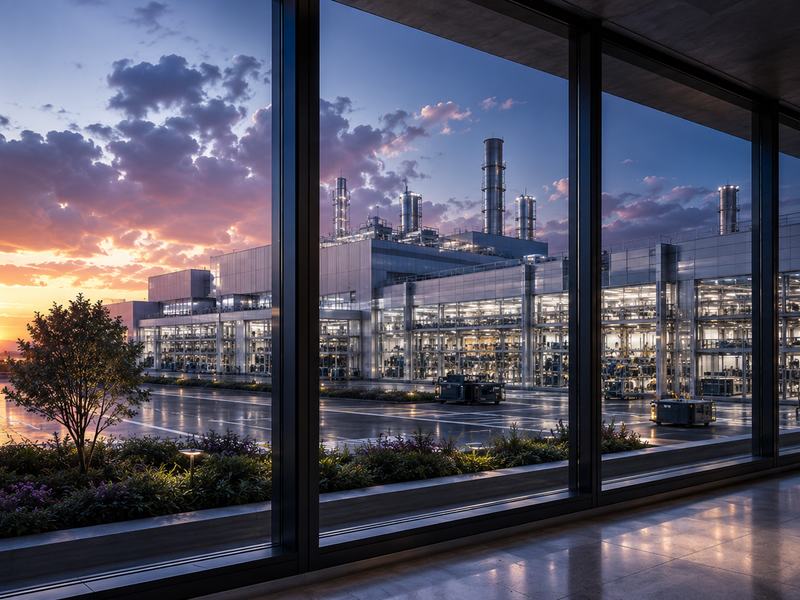 Vista ampla de uma instalação industrial moderna ao entardecer, com arquitetura contemporânea, iluminação técnica e áreas produtivas visíveis através de grandes fachadas envidraçadas. A imagem comunica capacidade tecnológica, escala industrial, organizaçã
