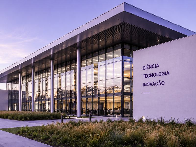 A imagem apresenta um edifício contemporâneo de pesquisa, ciência e inovação, com arquitetura institucional sofisticada, grandes fachadas de vidro, estrutura metálica e linhas geométricas precisas. O enquadramento em perspectiva valoriza a escala e a soli