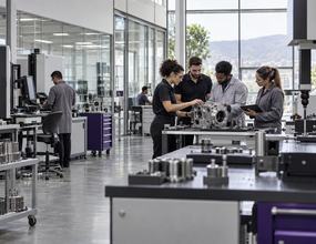 Profissionais de engenharia trabalham no desenvolvimento de tecnologia em um ambiente industrial moderno, representando projetos de PD&I e inovação empresarial.