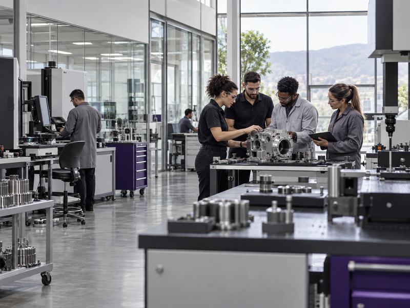 Profissionais de engenharia trabalham no desenvolvimento de tecnologia em um ambiente industrial moderno, representando projetos de PD&I e inovação empresarial.